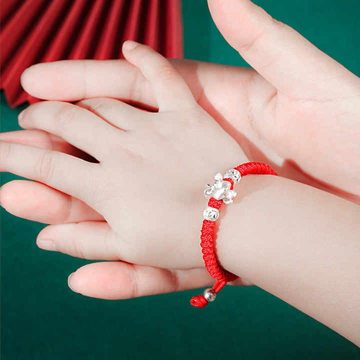 Rotes Armband 925 Silber Chinesisches Tierkreis mit Glückssteinen elastisch.