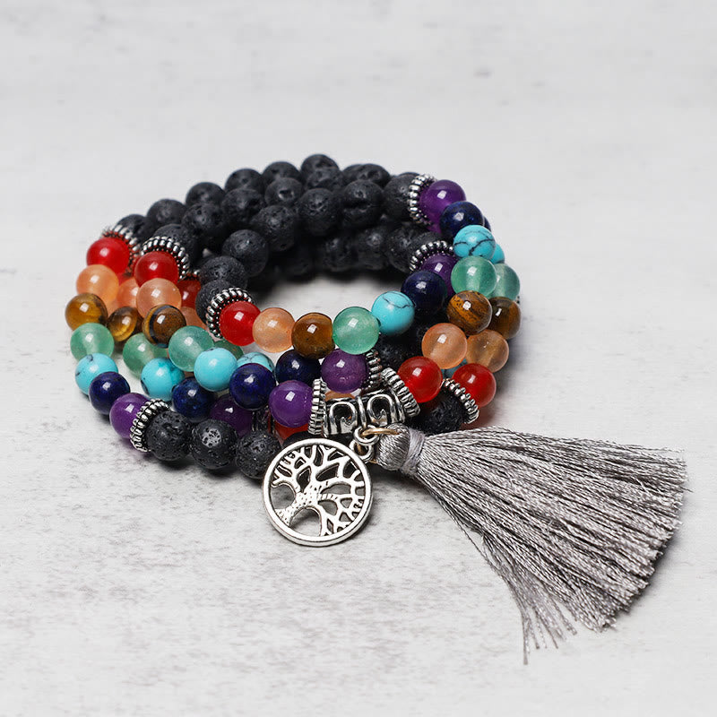 Mala 108 Perlen Kristall Heilung Armband bunte Steine Lebensbaum Anhänger Flatlays