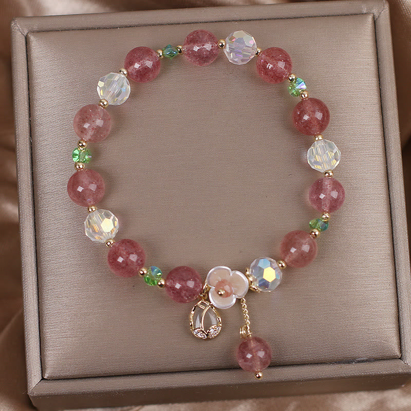 Armband Erdbeerquarz Fluorit Heilung rosa Perlen Schmuckbox Geschenk