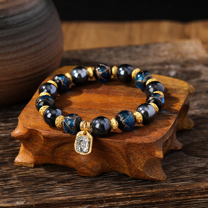 Schwarzes Obsidian Armband mit goldenen Perlen und Anhänger Glück Wohlstand