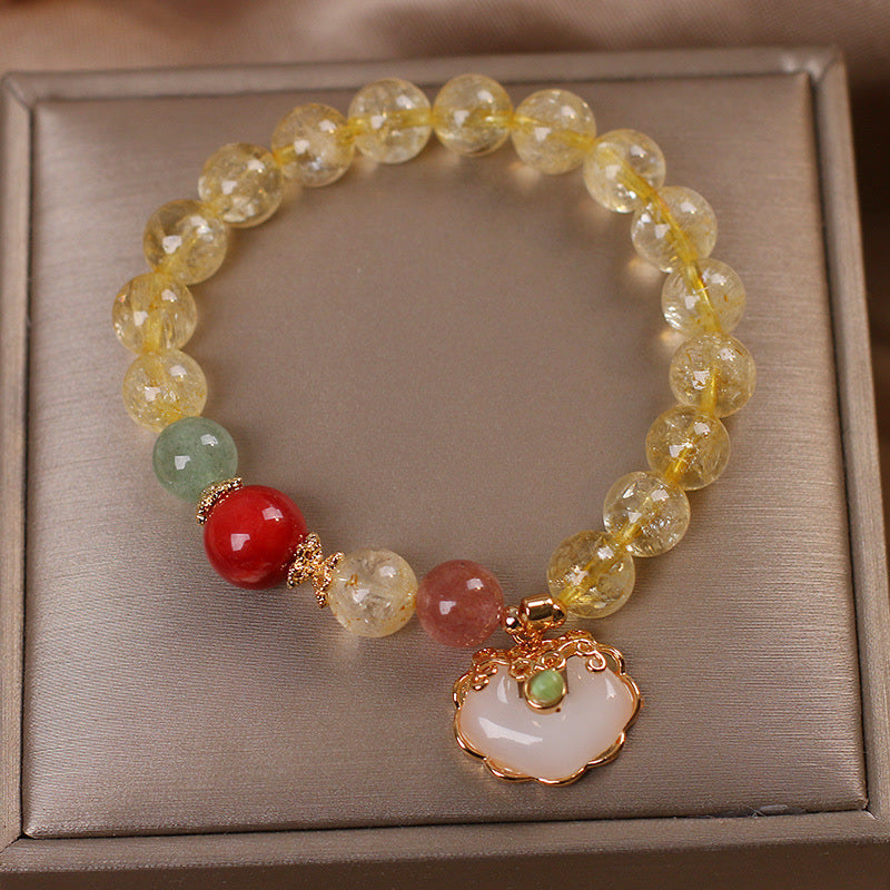 Armband Erdbeerquarz Weiße Jade in Geschenkbox mit goldenen Perlen Schutz