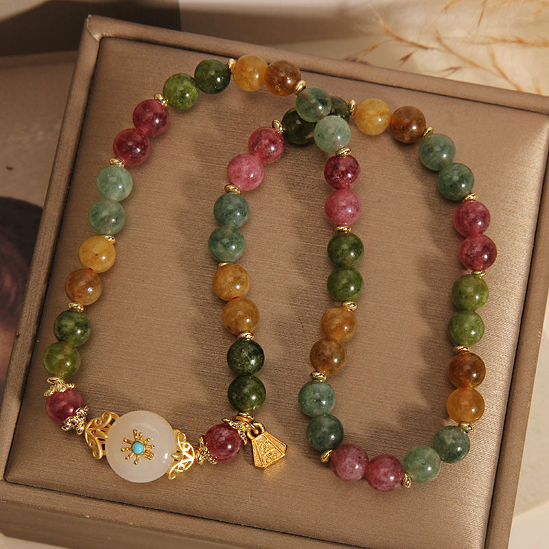 Bunte Turmalin Jade Armbänder mit Blume Charme Naturstein elastisch.