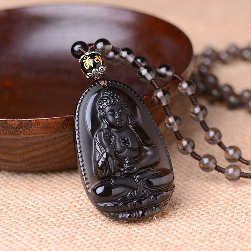 Schwarzer Obsidian Buddha Kette Energie Glücksbringer