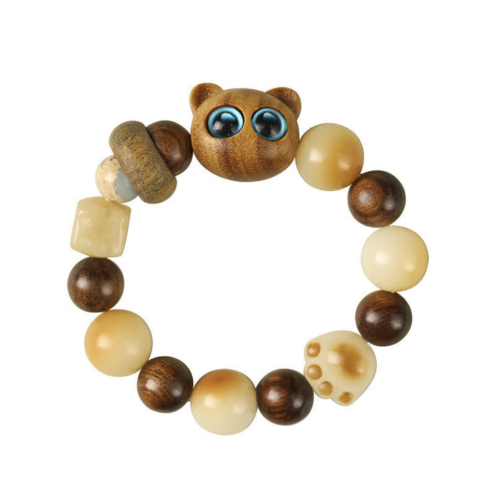 Armband Sandelholz Bodhi Katze mit Glücksperlen elastisch tragbar