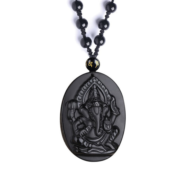 Obsidian Kette mit Ganesha Anhänger schwarzer Naturstein Wohlstand