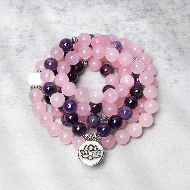 Mala Rosenquarz Amethyst Perlen Lotus Anhänger