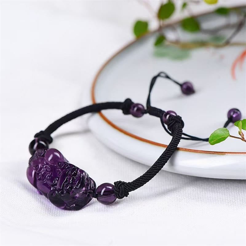 Amethyst Pixiu Armband mit schwarzem Seil und Natursteinen elegant