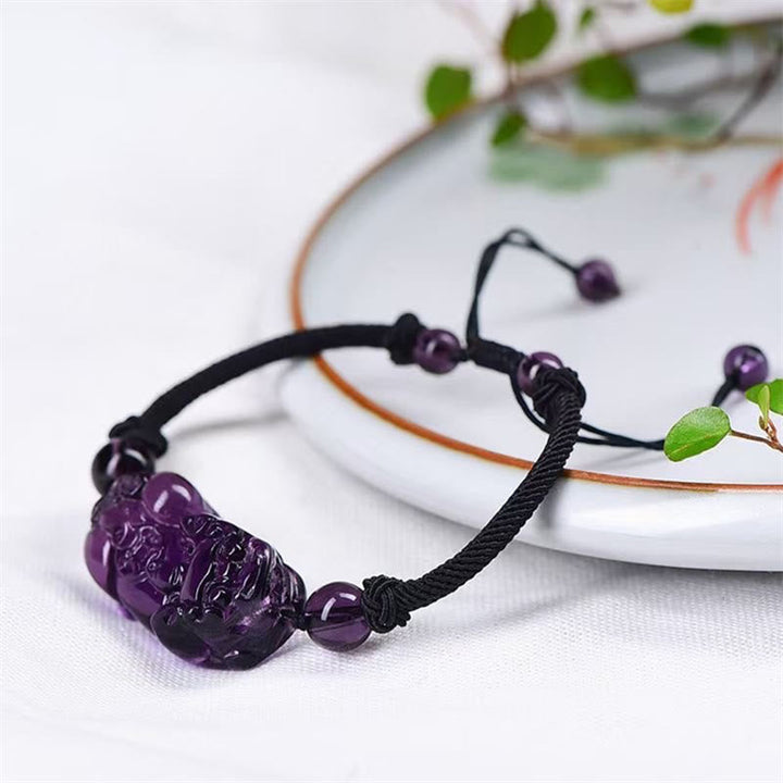 Amethyst Pixiu Armband mit schwarzem Seil und Natursteinen elegant