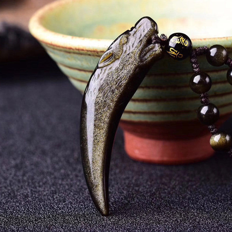 Obsidian Anhänger Kette Wolf Wolfszahn Natur Stärke