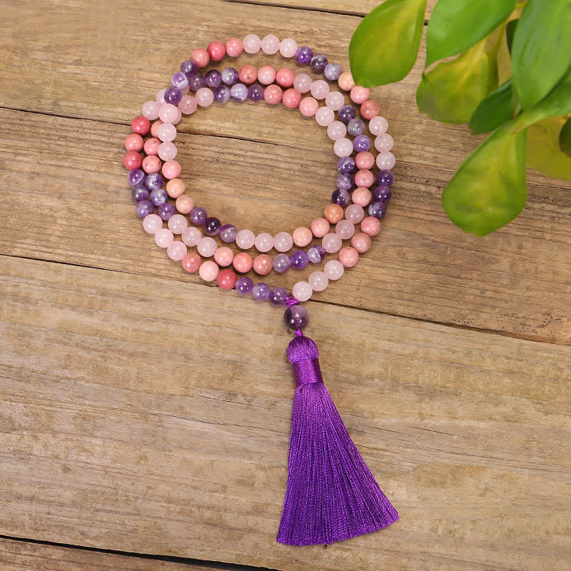 Mala Rosenquarz Amethyst Halskette mit lila Quaste Holzgrund
