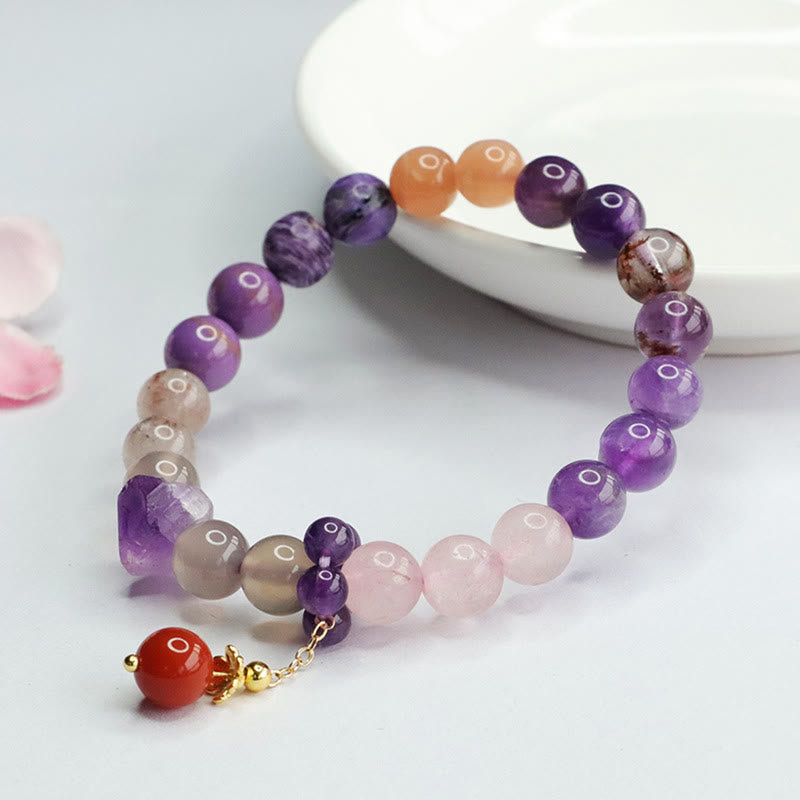 Armband Amethyst Kristall mit Rosenquarz und Karneol Perlen elastisch.