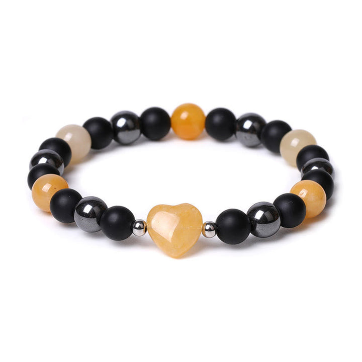 Armband Schwarzer Onyx Tigerauge mit gelbem Herz-Anhänger Schutz Liebe
