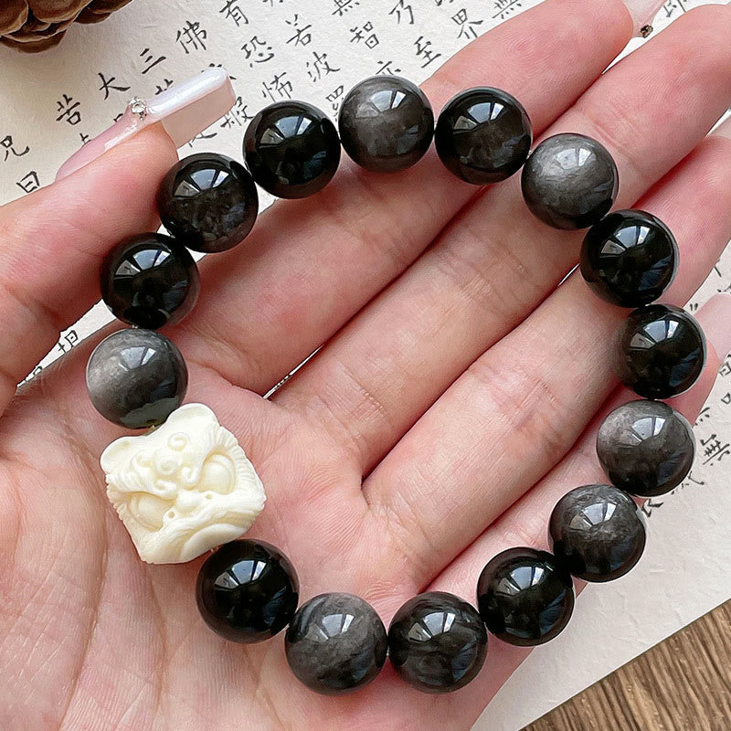 Schwarzes Obsidian Armband Silber Bodhi Schutz Naturstein elastisch.