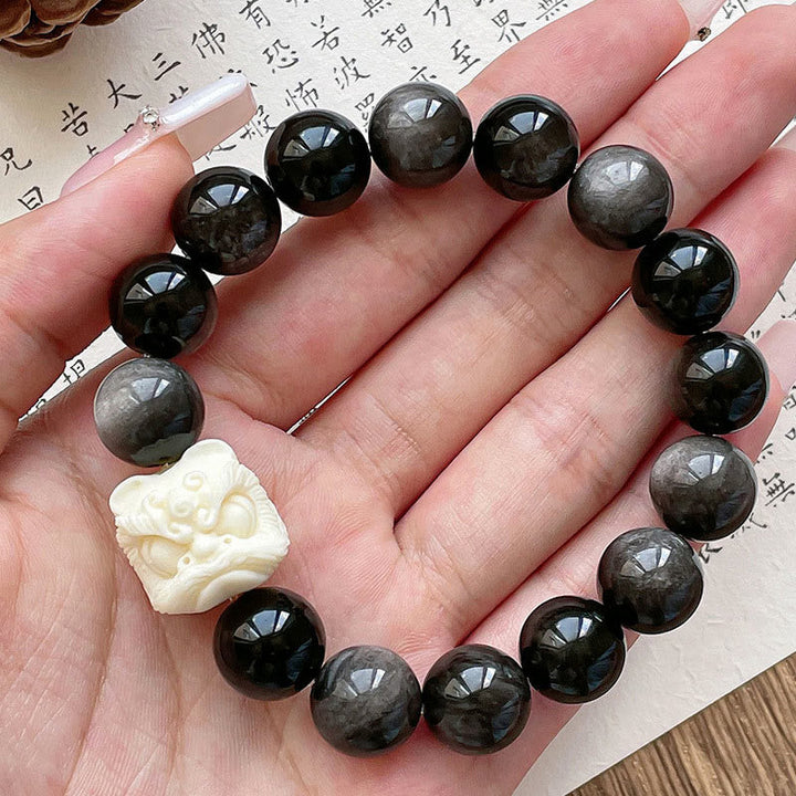 Schwarzes Obsidian Armband Silber Bodhi Schutz Naturstein elastisch.