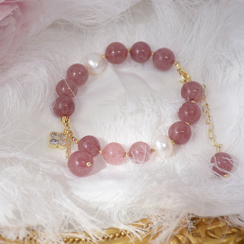 Armband Erdbeerquarz Perle Kleeblatt Liebe rosa Naturstein elegant