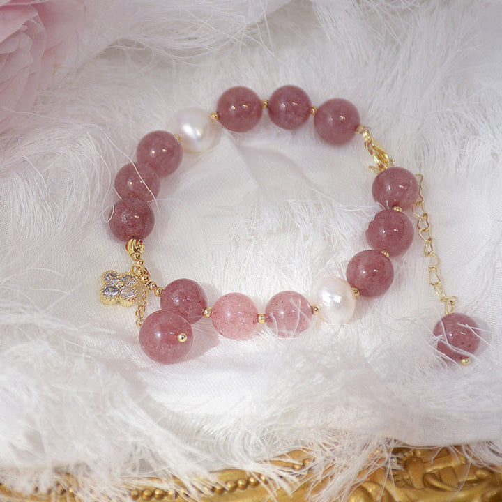 Armband Erdbeerquarz Perle Kleeblatt Liebe rosa Naturstein elegant