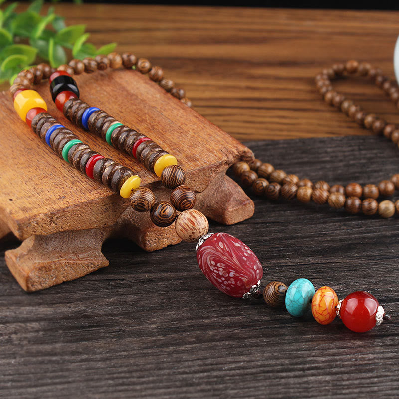 Anhänger Kette Tibetischer Bodhi Achat Harmonie bunt Holzperlen