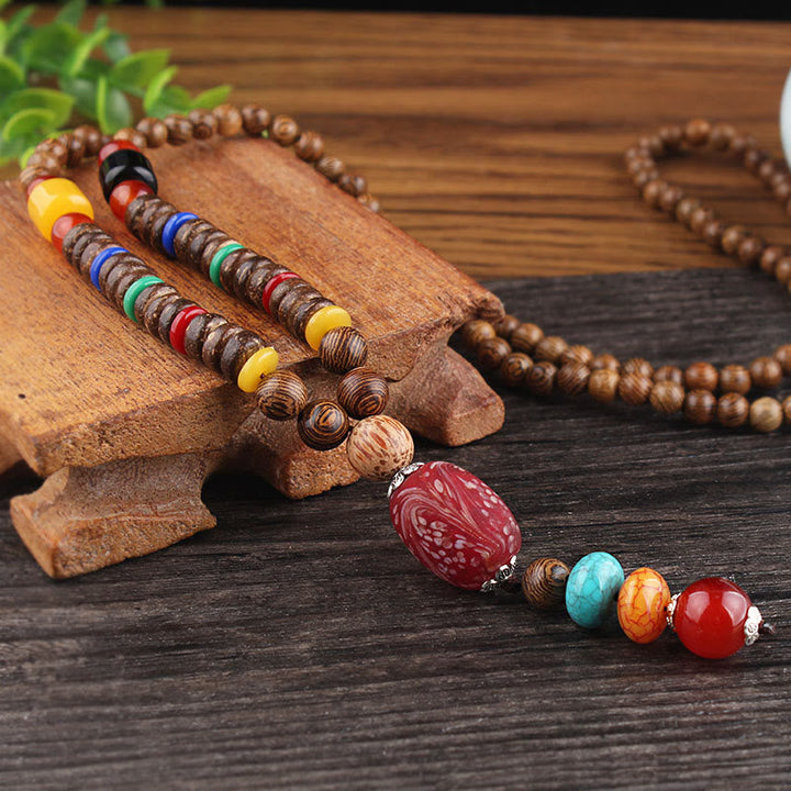 Anhänger Kette Tibetischer Bodhi Achat Harmonie bunt Holzperlen