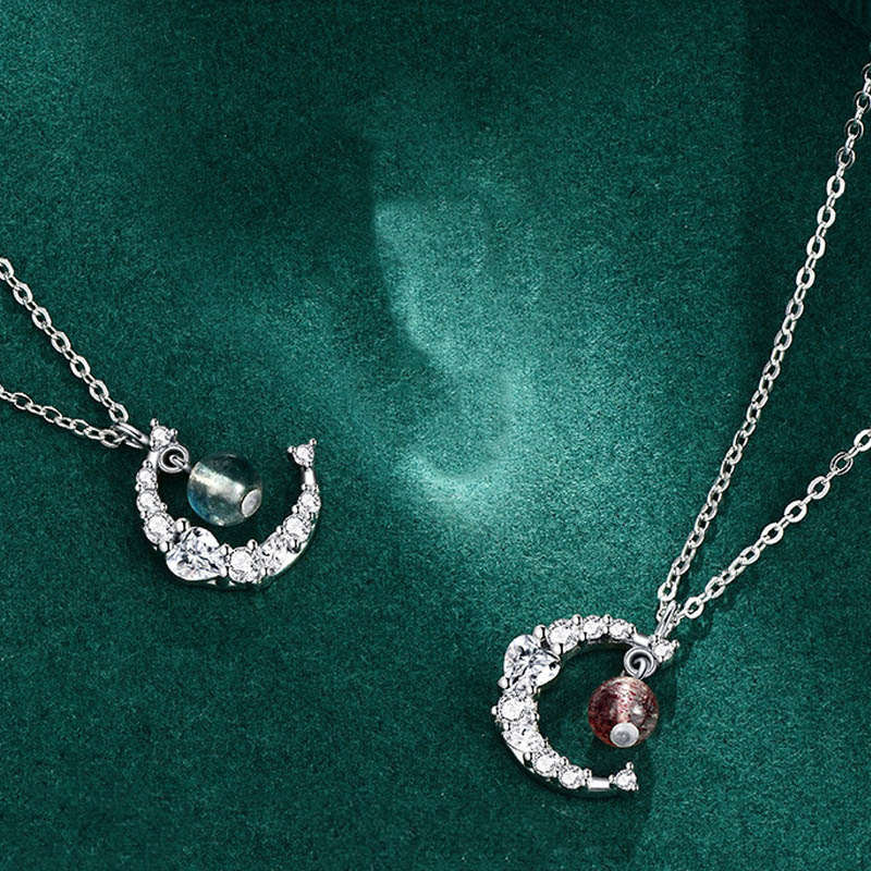 Kette Erdbeerquarz Blauer Kristall Heilung Mond Silber