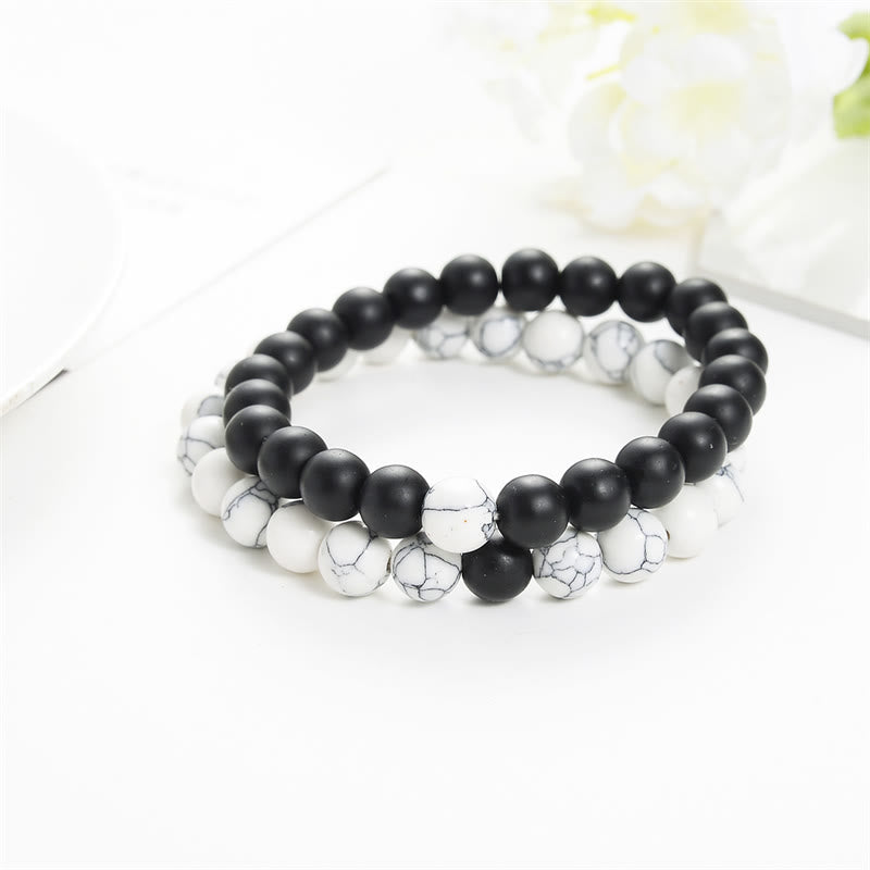Armband Schwarz Weiß Marmor Naturstein elastisch Perlen Paar