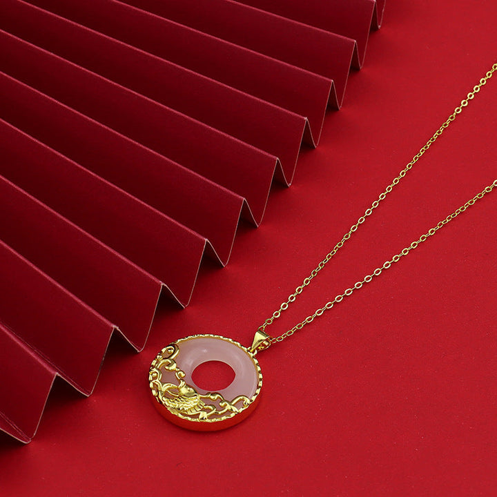 Anhänger Kette Weiße Jade Koi Wohlstand Gold