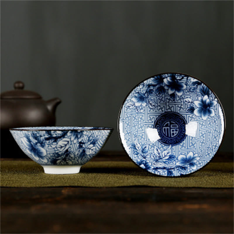Teetassen Aus Porzellan Fu-Zeichen Lotus Berge Dunkelblaue Blume Fu-Zeichen