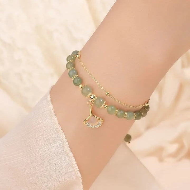 Jade Armband mit Fu-Zeichen Charm grüne Perlen Glück Glücksbringer Gold