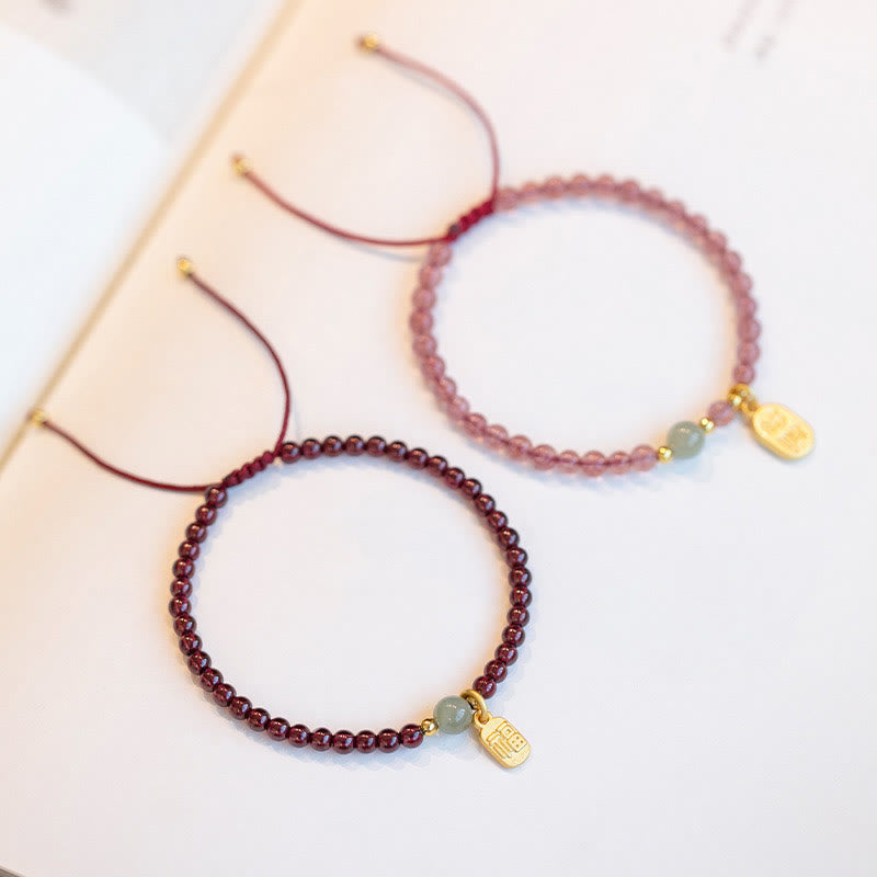 Armband Erdbeerquarz Granat Fu-Zeichen Glück Heilung elastisch Naturstein