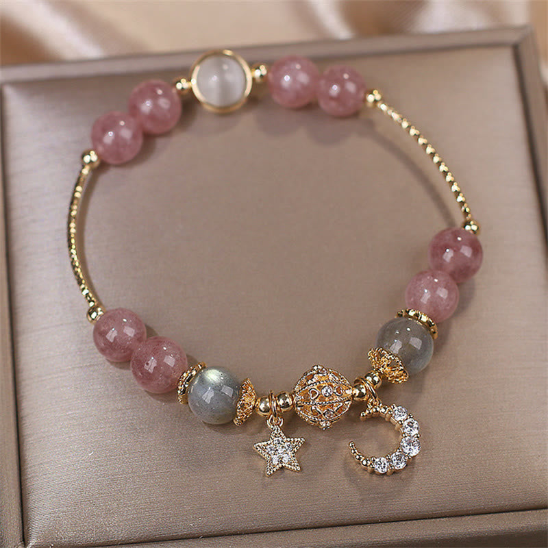 Armband Erdbeerquarz Mondstein mit Stern Charm goldfarben elegant