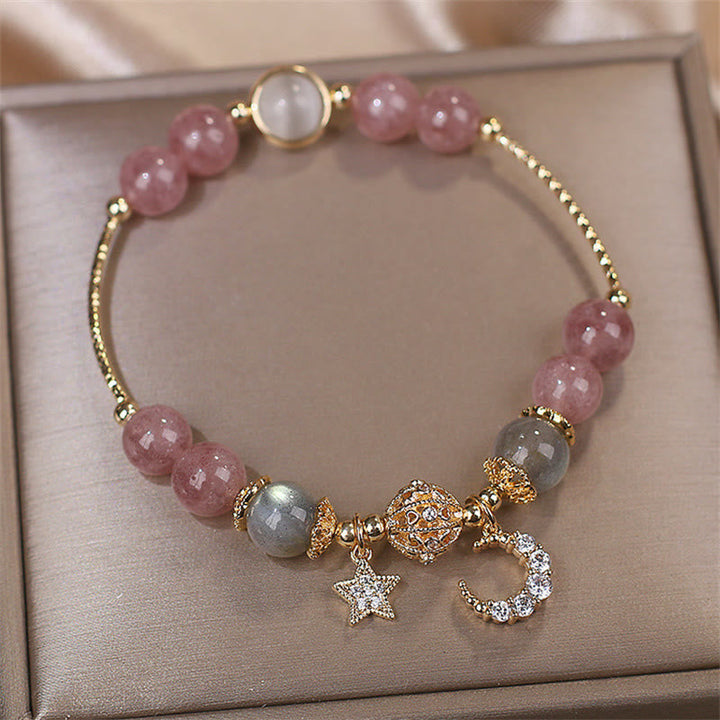 Armband Erdbeerquarz Mondstein mit Stern Charm goldfarben elegant