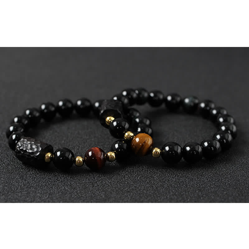 Armband Schwarzer Obsidian Tigerauge Paar – Stärke elastisch Naturstein