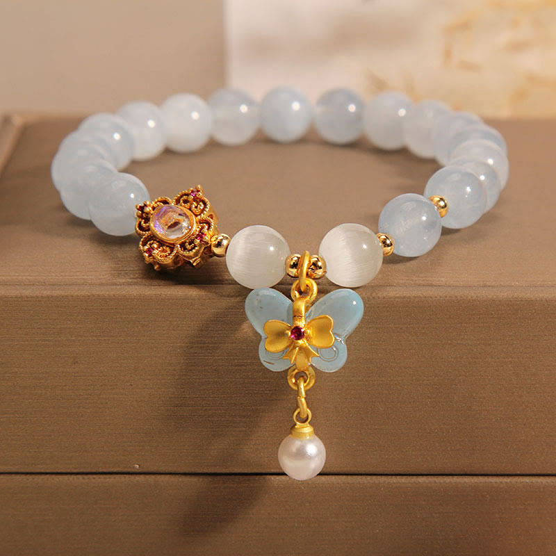 Armband Aquamarin Perle Schmetterling Heilung Energie elegant weiß gold