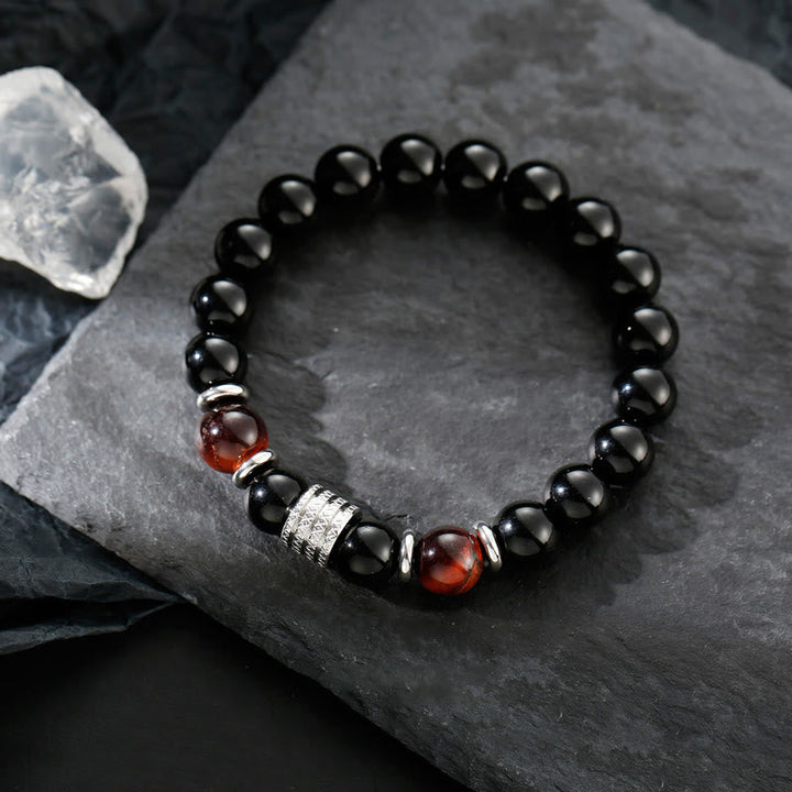 Armband Schwarzer Obsidian Tigerauge mit roten Achat Perlen Stärke
