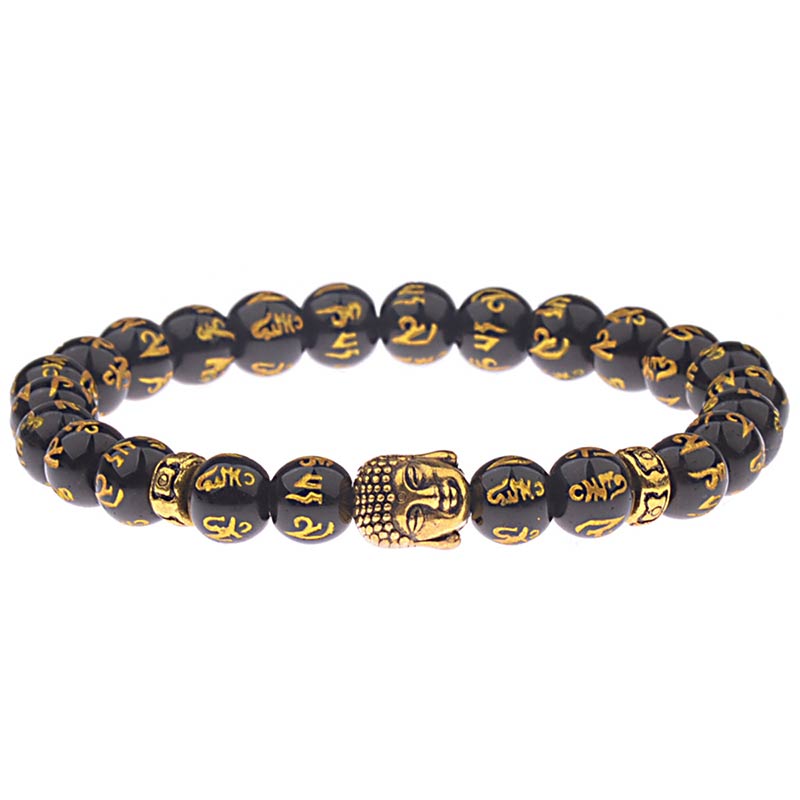 Armband Tibet Buddha Mantra Amulet schwarze Perlen goldene Gravur Buddha Kopf