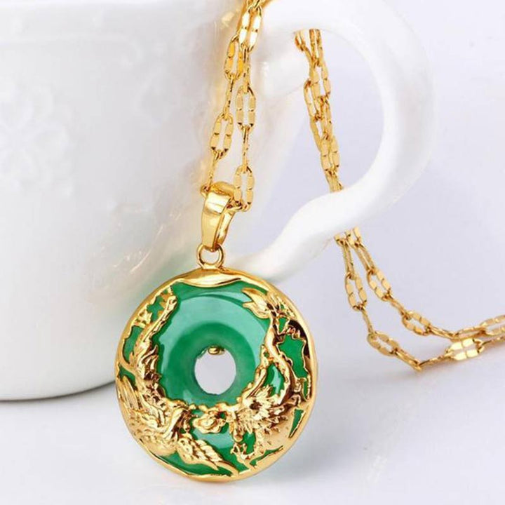 Kette Jade Drachen Glück Stärke grüner Anhänger Goldkette elegant