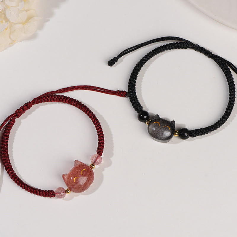 Armband Silber Obsidian Erdbeerquarz Katze – Schutz