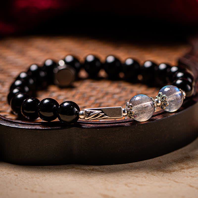 Armband 925 Silber Mondstein Paar Stärke schwarze Obsidian Perlen elastisch