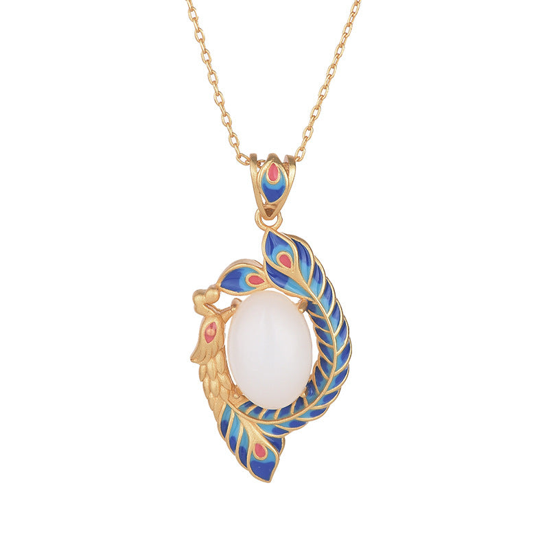 Kette Weiße Jade Pfau Gold Segen
