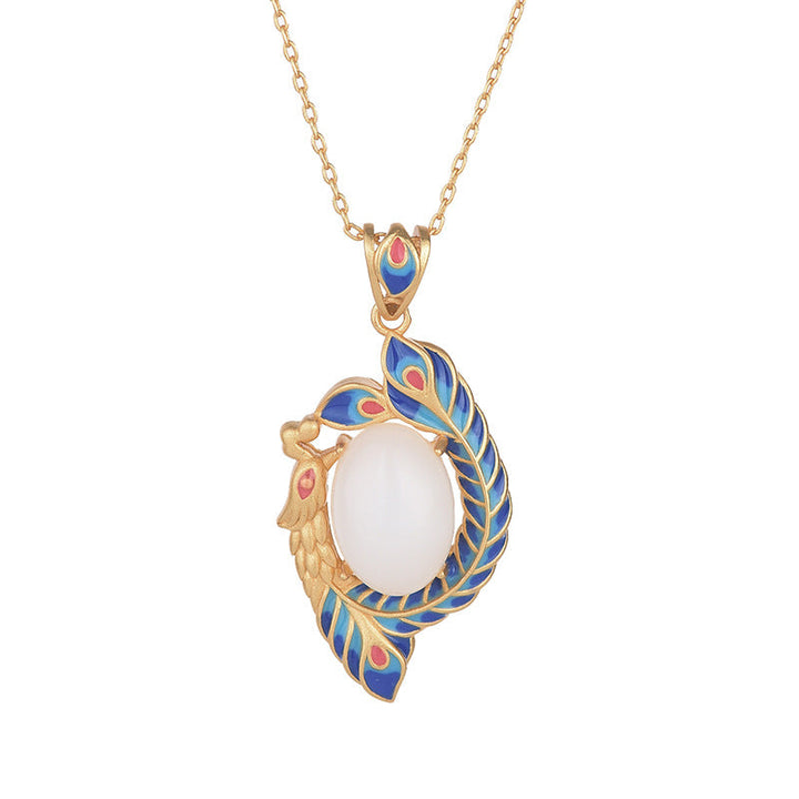 Kette Weiße Jade Pfau Gold Segen