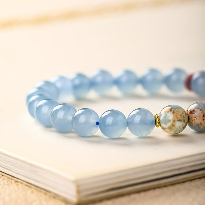 Armband Chalcedon Fu-Zeichen Heilung blaue Perlen mit Ozean Jaspis Detail