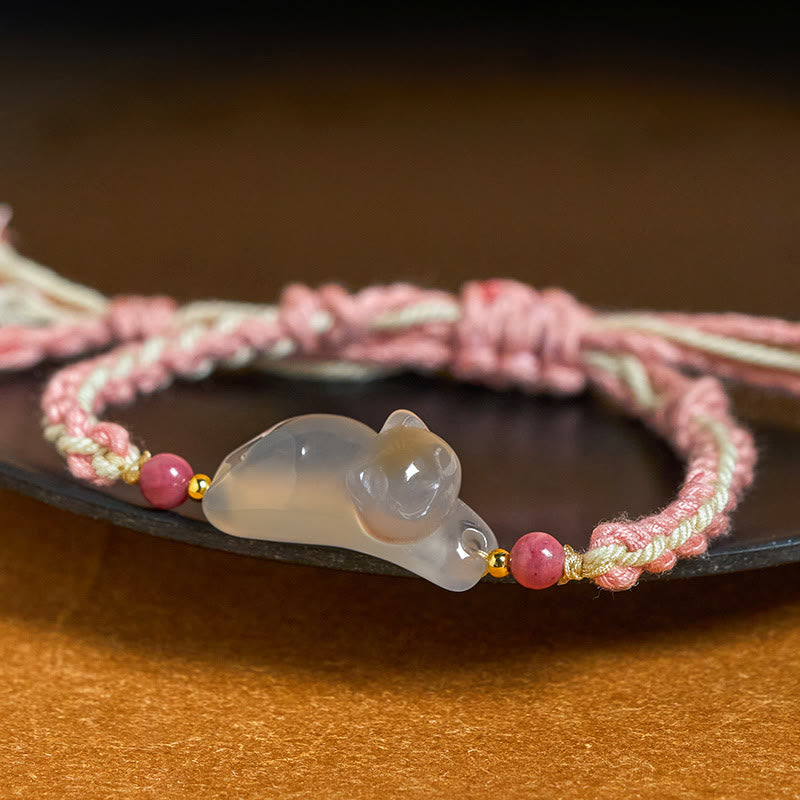 Armband Chalcedon Katze Harmonie Positivität rosa geflochten mit Rhodonit Perlen