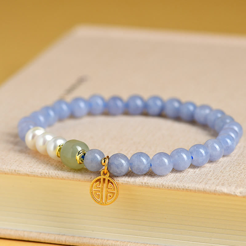 Armband Chalcedon Perle – Energie mit Jade Süßwasserperlen goldenem Glücksanhänger