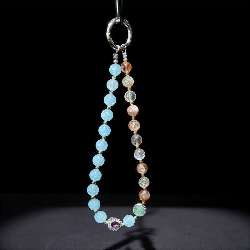 Schlüsselanhänger Blauer Chalcedon & Super Seven Edelstein Perlen spirituell Glücksbringer