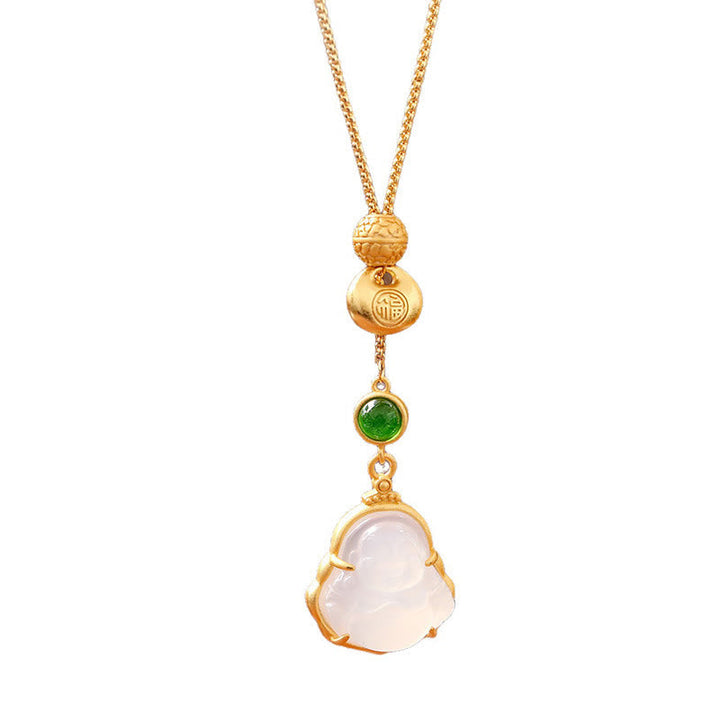 Kette Chalcedon Lachender Buddha Kupfer Glück grüne Jade Anhänger