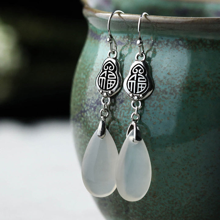 Chalcedon Ohrringe Silber Tropfen Fu Symbol Boho Schmuck spirituell Ohrhänger