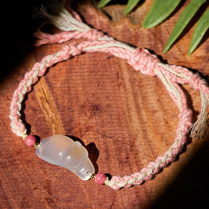 Armband Chalcedon Katze Harmonie Positivität rosa geflochten Holz Rhodonit Perlen