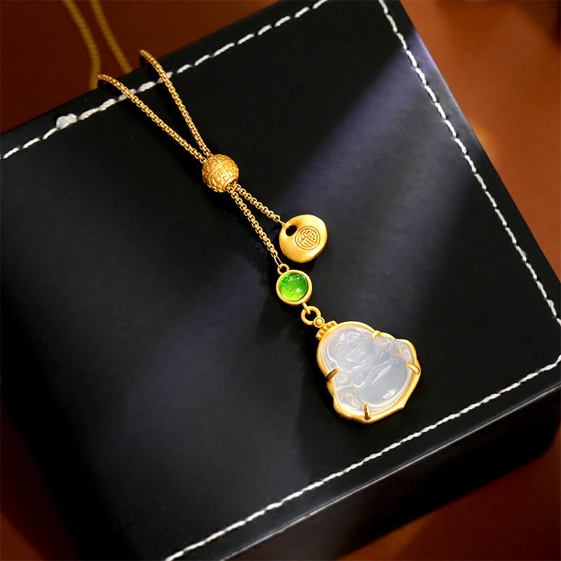 Goldene Kette Chalcedon Lachender Buddha Kupfer Anhänger Glück Jade