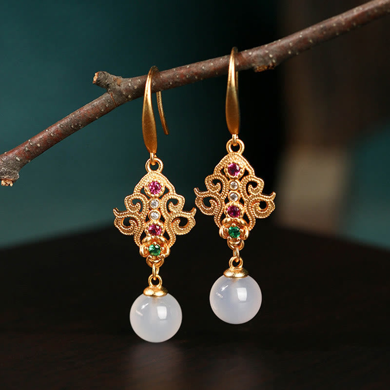 Ohrringe Chalcedon Vergoldet – Positivität filigran Boho Schmuck spirituell Ohrhänger