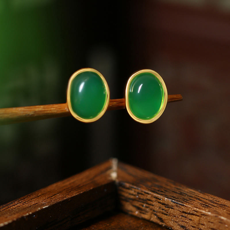 Ohrringe Grüner Chalcedon Silber – Stärke Ohrstecker oval Boho Schmuck spirituell