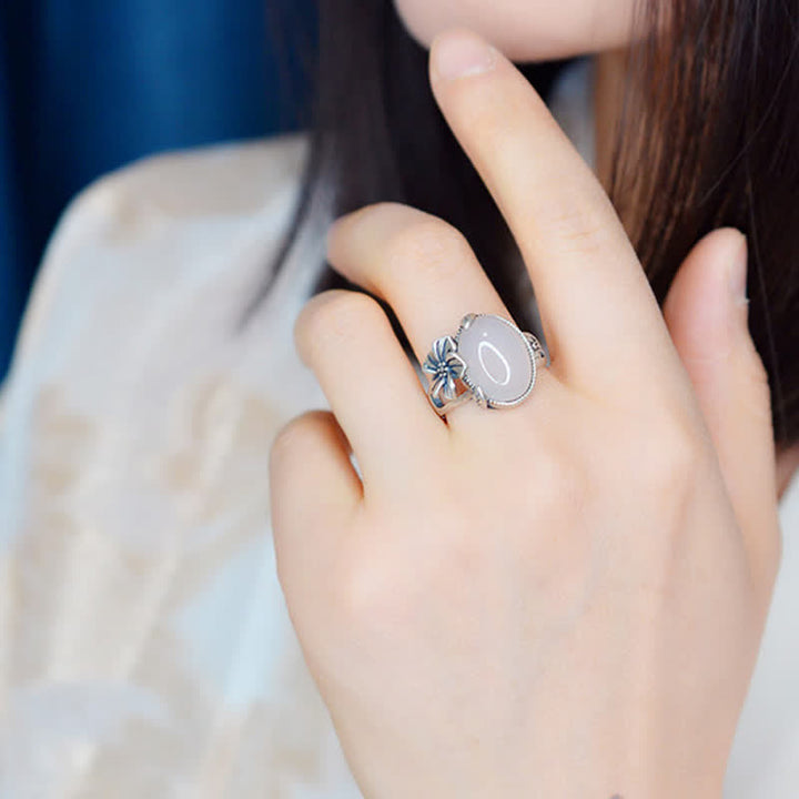 Silber Ring Chalcedon Pflaumenblüte für Positivität Harmonie Glück Fengshui